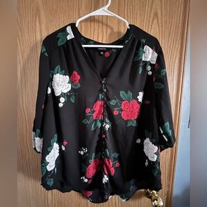 Torrid Black Top (Size 0) with Red and White Floral Design